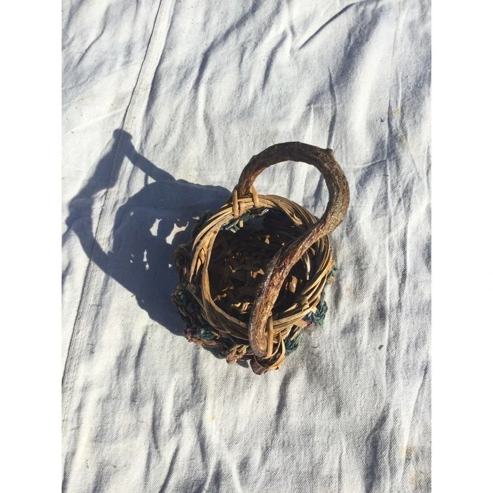 Rustic handmade small‎ basket 7” 7 in brown green bohemian rustic witch fairy
